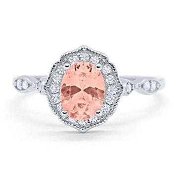 Antique Style Wedding Ring Oval Simulated Morganite CZ 925 Sterling Silver